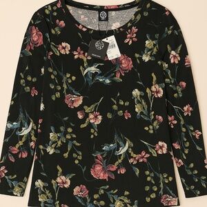 NWT Bobeau Women's Black Floral Long Sleeve Shirt, size XL